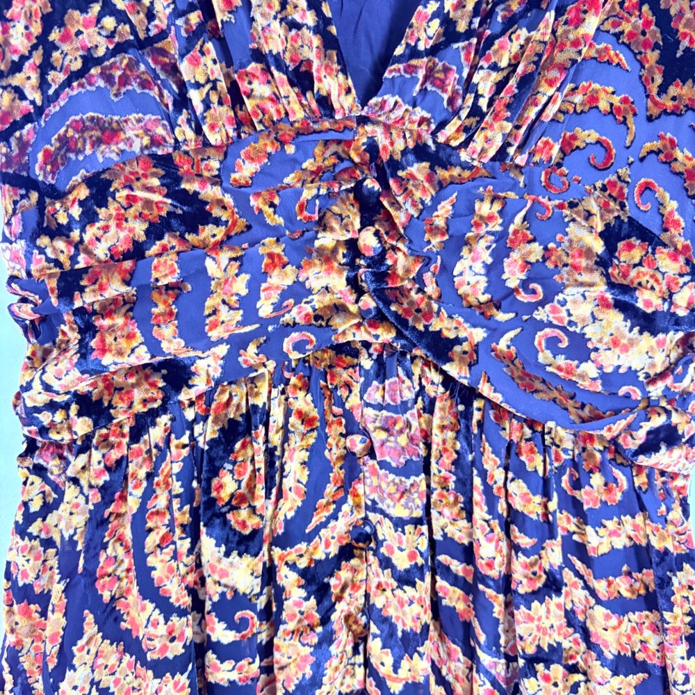Anthropologie Catalina Burnout Velvet Dress Black Gold Paisley V-Neck Maxi Sz 4 - Picture 5 of 13